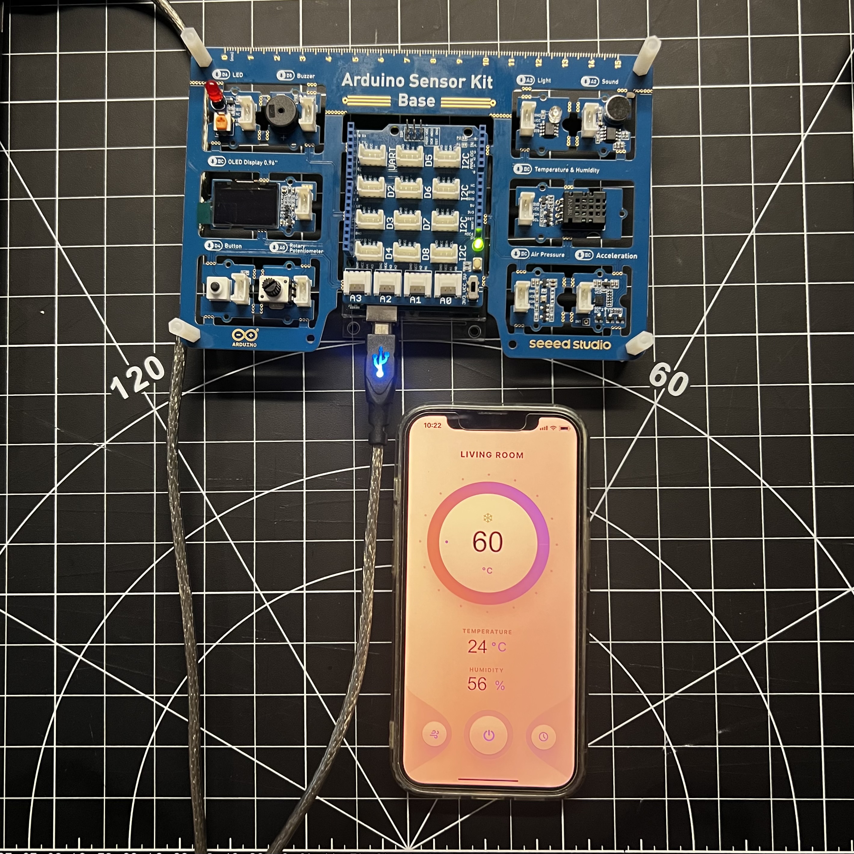 Testing a temperature app in Protopie with the humidity sensor on Arduino